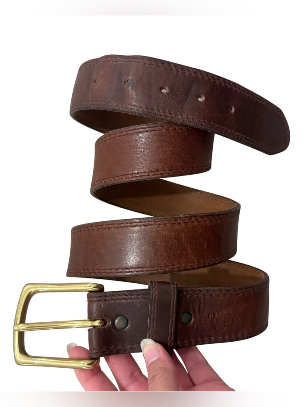Red Wing Brown Leather Belt Size 44 Solid Brass